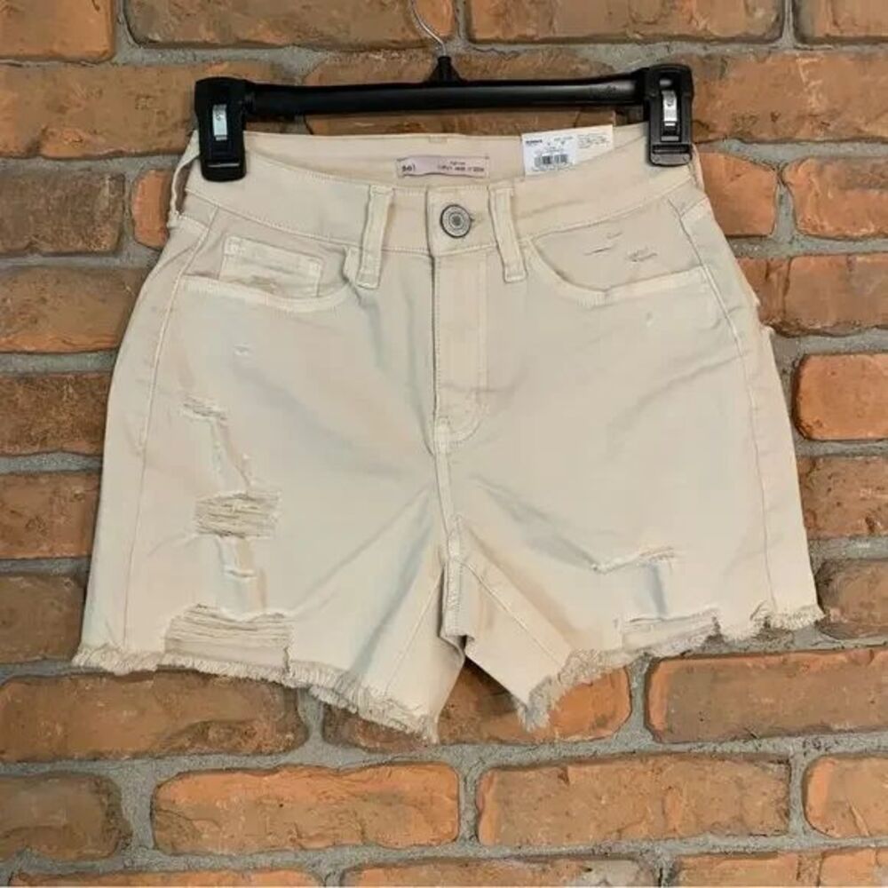 SO Womens 25‎ Shorts Cream High Rise Curvy Midi Distressed Denim Ecru Cotton